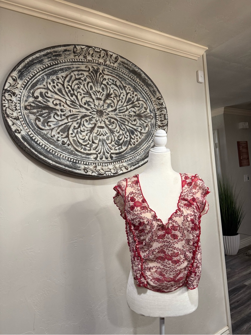 Free People Red Floral Lace V-Neck Blouse